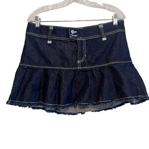 BDG Denim Mini‎ Skirt Womens Y2K Blue Jean Pleated Ruffle Raw Hem Size M